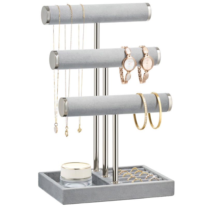 bussdis 3 Tier Bracelet Holder Display Detachable T Bar Grey Velvet Bracelet Holder Jewelry Holder Organizer for Bracelet Necklace Earrings Rings - Image 2