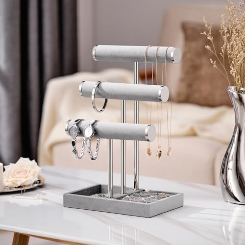 bussdis 3 Tier Bracelet Holder Display Detachable T Bar Grey Velvet Bracelet Holder Jewelry Holder Organizer for Bracelet Necklace Earrings Rings - Image 3