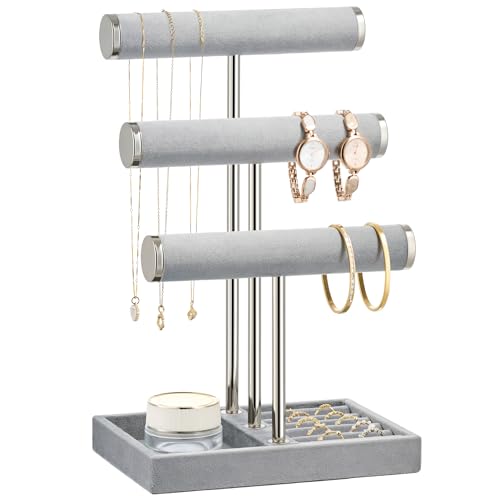 bussdis 3 Tier Bracelet Holder Display Detachable T Bar Grey Velvet Bracelet Holder Jewelry Holder Organizer for Bracelet Necklace Earrings Rings - Image 1