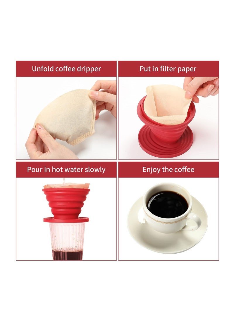 Generic Collapsible Coffee Dripper, Easy Red Manual Coffee Brew Maker, with 40 PCS Unbleached Paper Filters Paper Coffee Filter, Reusable Silicone Coffee Dripper, for Hiking, Camping, Home, Office (2PCS)  - Image 4
