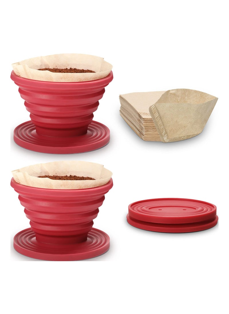 Generic Collapsible Coffee Dripper, Easy Red Manual Coffee Brew Maker, with 40 PCS Unbleached Paper Filters Paper Coffee Filter, Reusable Silicone Coffee Dripper, for Hiking, Camping, Home, Office (2PCS)  - Image 1