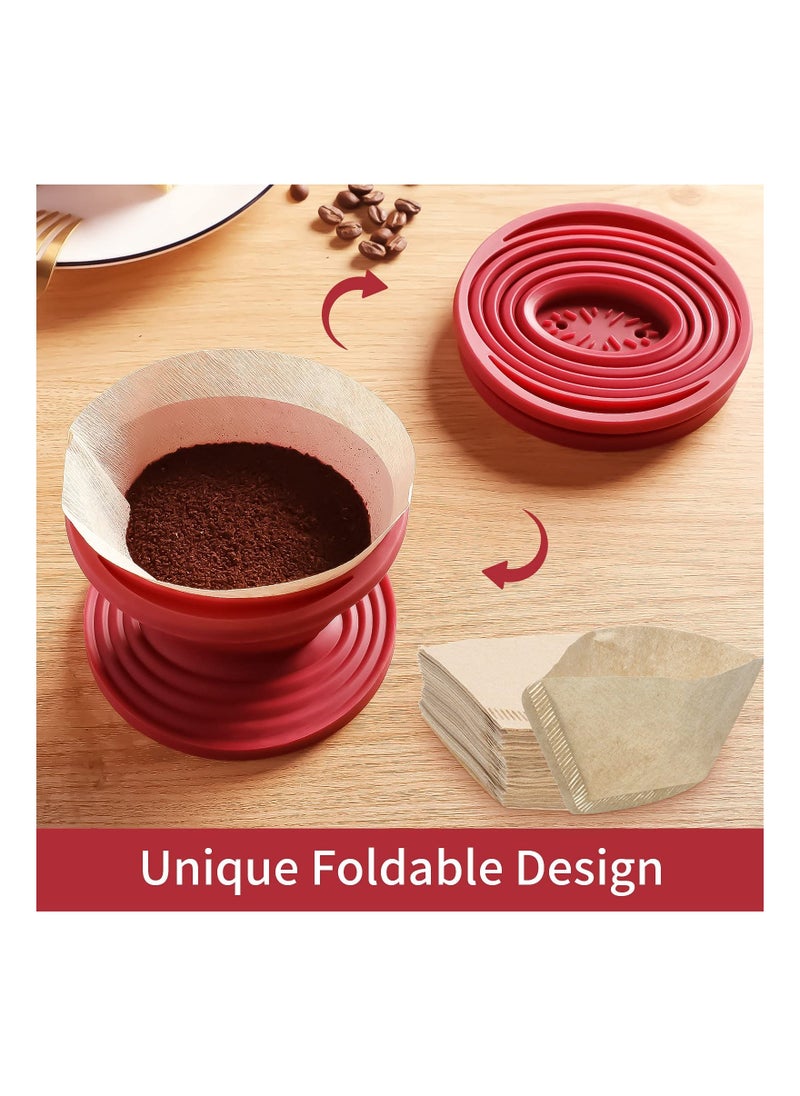 Generic Collapsible Coffee Dripper, Easy Red Manual Coffee Brew Maker, with 40 PCS Unbleached Paper Filters Paper Coffee Filter, Reusable Silicone Coffee Dripper, for Hiking, Camping, Home, Office (2PCS)  - Image 3