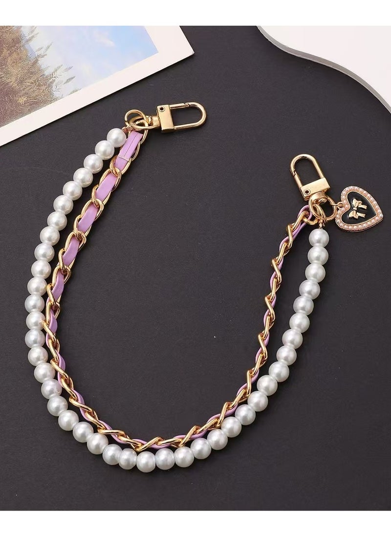 Sparkle Accessories Pearl & Gold Dual-Chain Leather Lanyard with Bow Tie - Anti-Lost Phone Strap, Secure and Stylish for Phones, Cameras, and Water Bottles （Purple） 