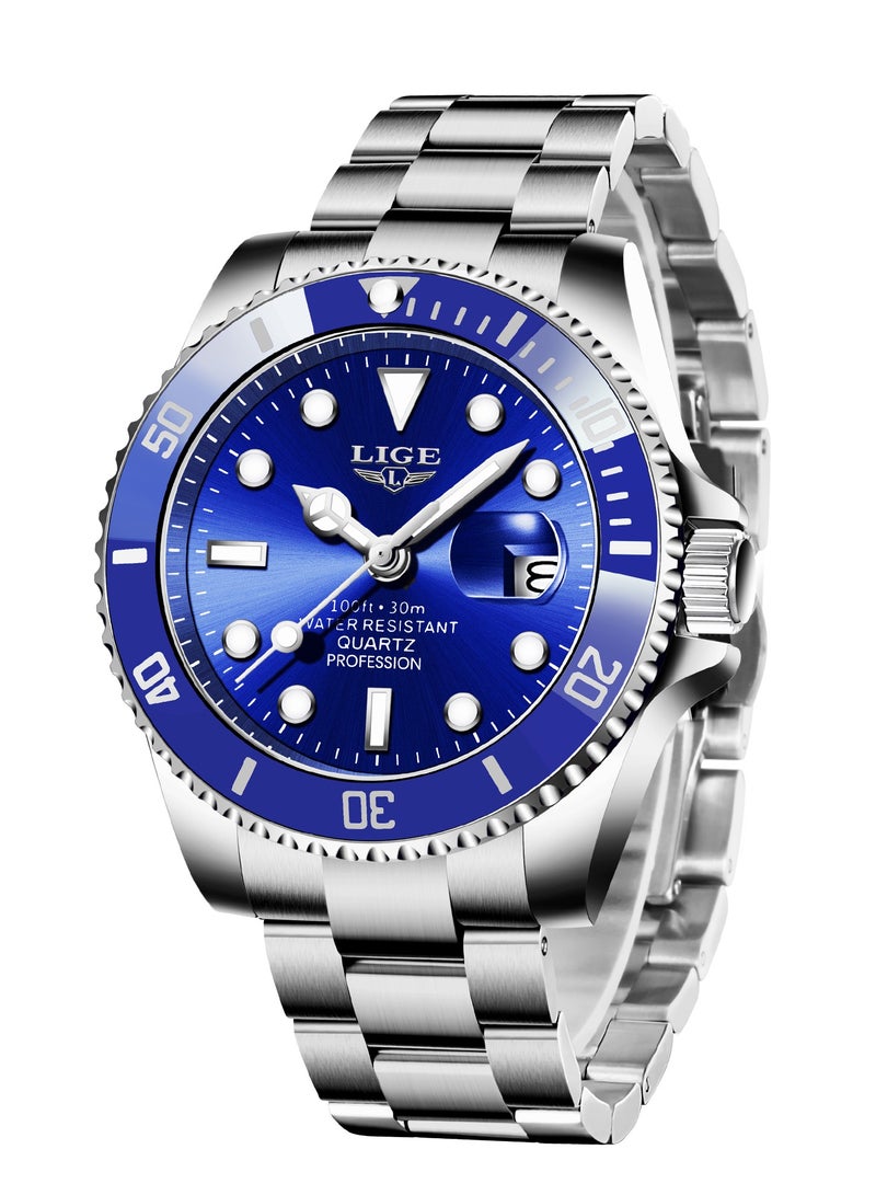 لييج ساعة رجالية مقاومة للماء بسوار من السبائك المعدنية وتقويم تناظري وساعة كوارتز زرقاء اللون - Image 1
