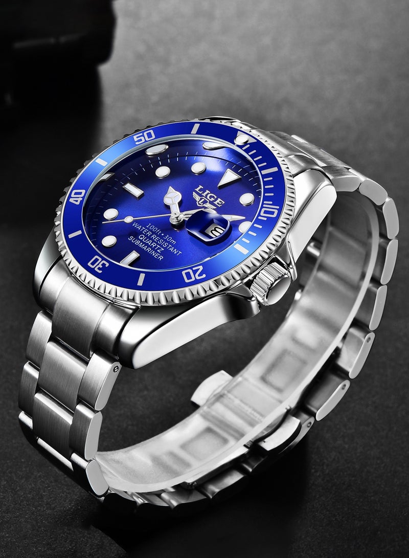 لييج ساعة رجالية مقاومة للماء بسوار من السبائك المعدنية وتقويم تناظري وساعة كوارتز زرقاء اللون - Image 2