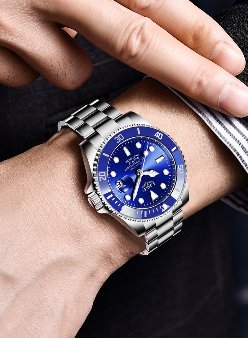 لييج ساعة رجالية مقاومة للماء بسوار من السبائك المعدنية وتقويم تناظري وساعة كوارتز زرقاء اللون - Image 4