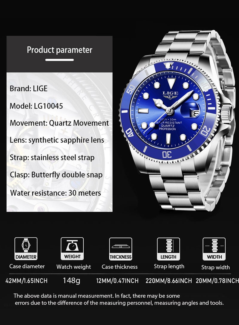 لييج ساعة رجالية مقاومة للماء بسوار من السبائك المعدنية وتقويم تناظري وساعة كوارتز زرقاء اللون - Image 5