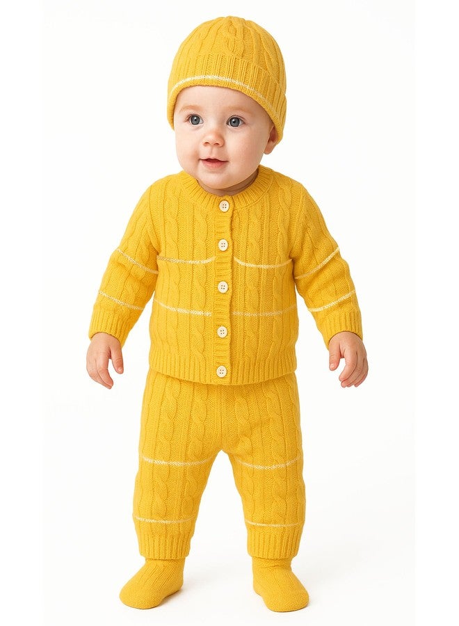 little PANDA Premium Baby Sweater Set for Winter | Woolen Long Sleeves Sweater, Full Pant, Cap & Socks Pair | Warm Knitted Wool Set for Baby Boys & Girls (IN, Age, 6 Months, 9 Months, Yellow) - Image 1