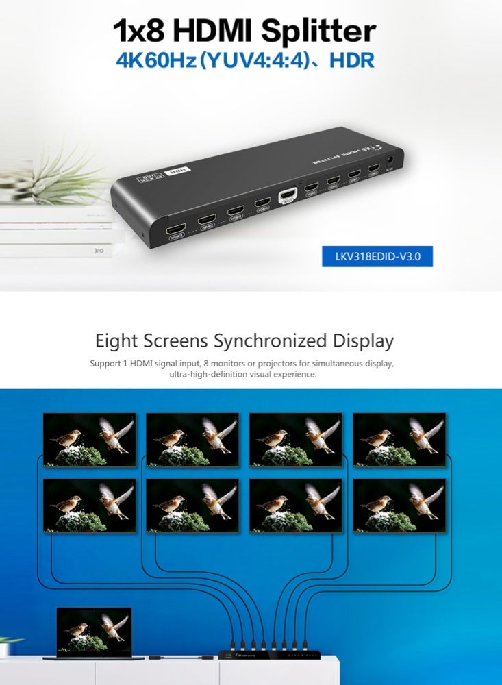لينكينج مقسم HDMI 1×8 بدقة 4K@60Hz HDR LKV318EDID-V3.0 - Image 4