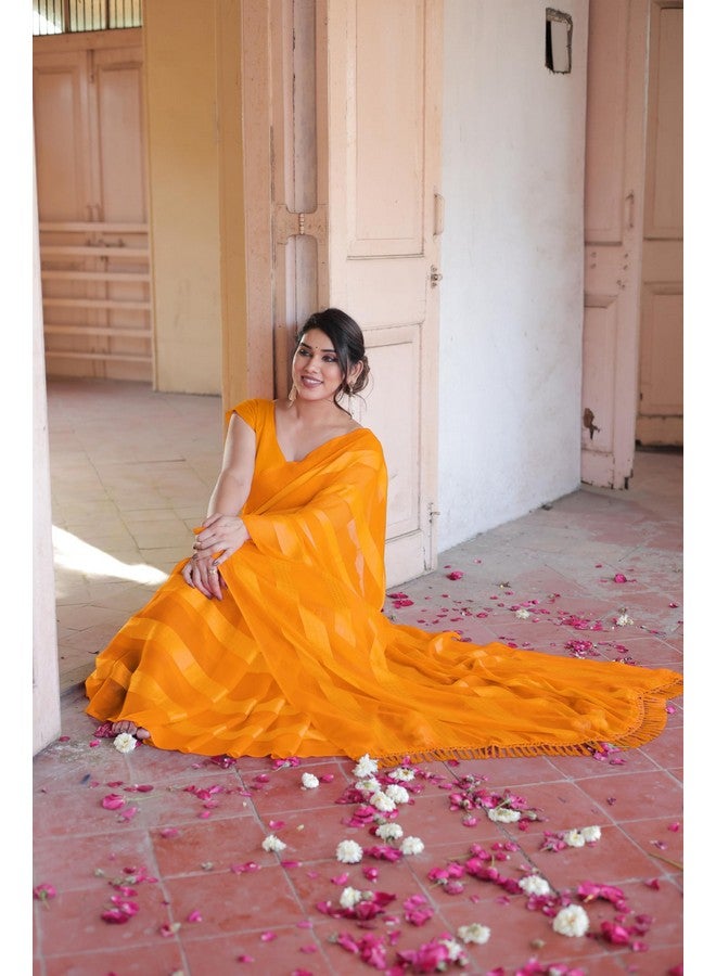 MIRCHI FASHION MIRCHI FASHION Women Georgette Satin Zari Lines Saree with Blouse Piece (41854-Yellow)  - Image 3