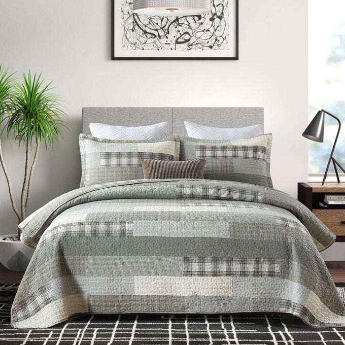 QUILT SET KING SIZE100 COTTON QUILT BEDSPREAD BEDDING SETGREYGRAYCREAMKHAKI PATCHWORK PLAID FARMHOUSE RUSTIC REVERSIBLE LIGHTWEIGHT COMFORTER BED COVER KING BEDALL SEASON3 PIECES