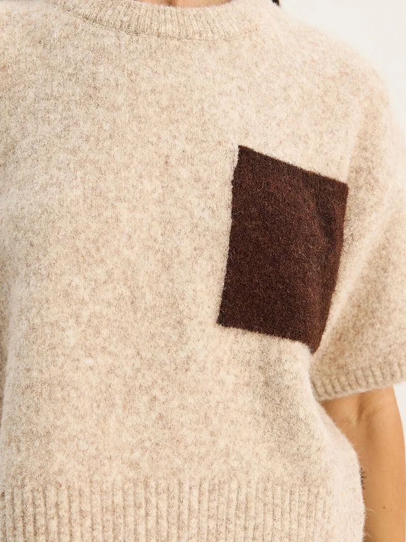 Bianco Lucci Beige Natural LUCCI Oversized Crew Neck Knit Sweater with Pocket for Women | Best Price UAE