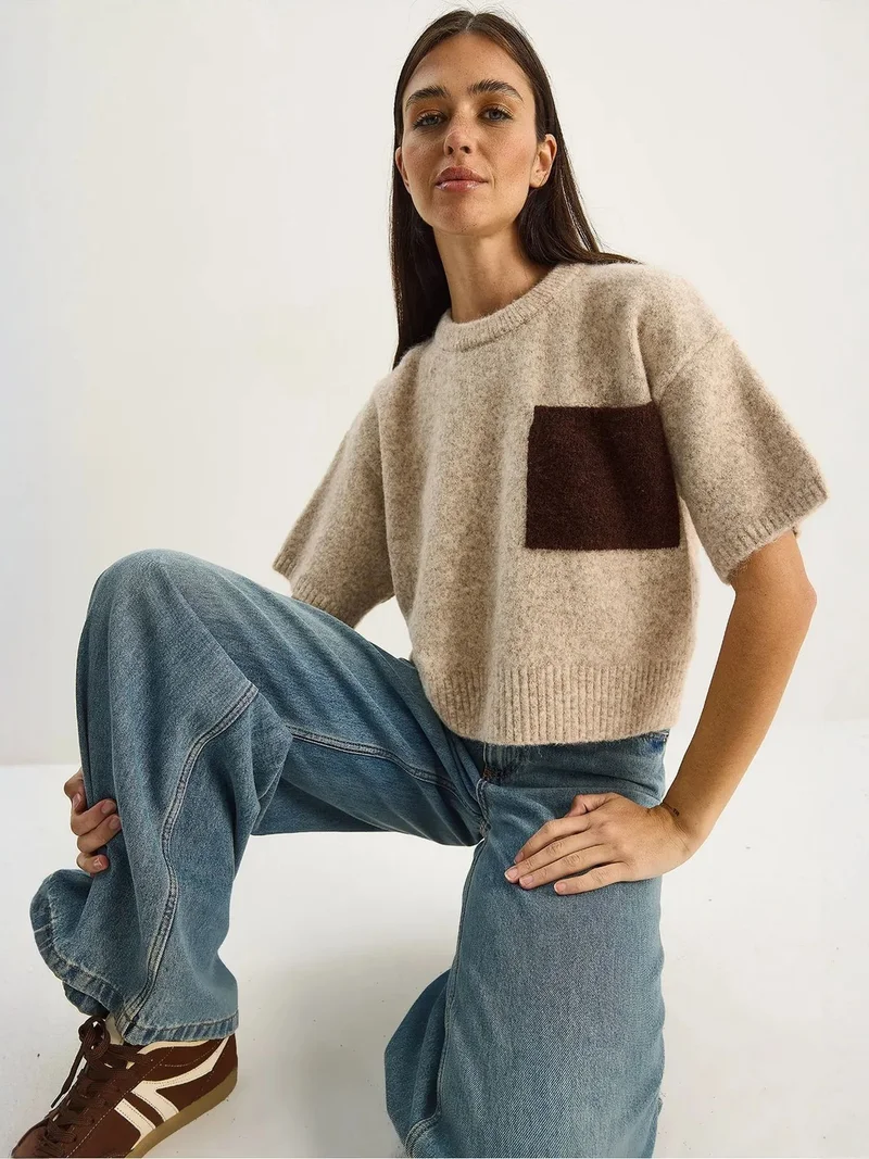 LUCCI Oversized Crew Neck Knit Sweater with Pocket