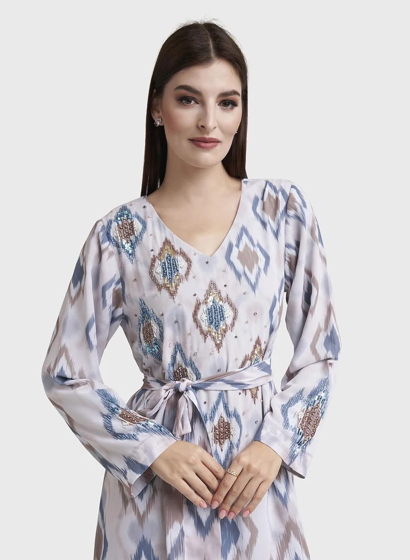 كشخة Yellow Cotton Satin Paisley Print Handwork Jalabiya (VDU847)