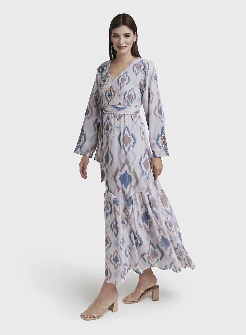 KASHKHA  Yellow Cotton Satin Paisley Print Handwork Jalabiya (VDU847) for Women | Best Price UAE