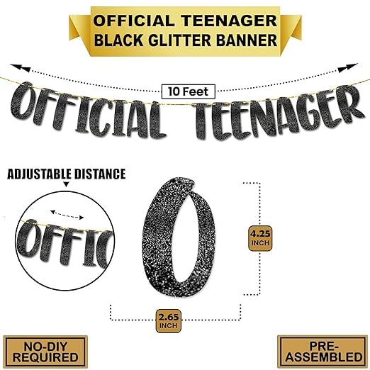 TrifleArte Official Teenager Banner | Black Glitter Design Party Banner | Party Decoration | 13th Birthday Party Supplies | Photobooth Backdrop for Adults | Pre-Strung Reusable Birthday Banner - Image 3