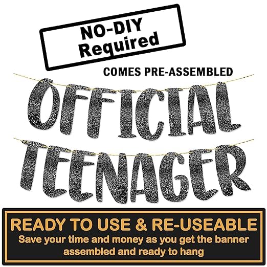 TrifleArte Official Teenager Banner | Black Glitter Design Party Banner | Party Decoration | 13th Birthday Party Supplies | Photobooth Backdrop for Adults | Pre-Strung Reusable Birthday Banner - Image 2