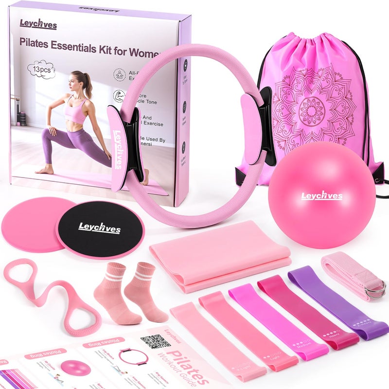 Leychves Home Pilates Kit for Petite Women, Pilates Ring and Ball Set 12'' Magic Circle, Mini Ball, 5 Resistance Bands, Workout Guide for Essentials Starter Kit for Beginners, Strength, Toning, Improve Posture - Image 1