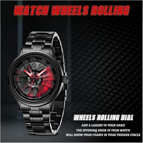 V2A Men's Analog Watch with Spinning Wheel Dial | Open Dial | Stylish Stainless Steel Band | Water & Scratch Resistant – Model 2410 (Black-Red) - Image 5