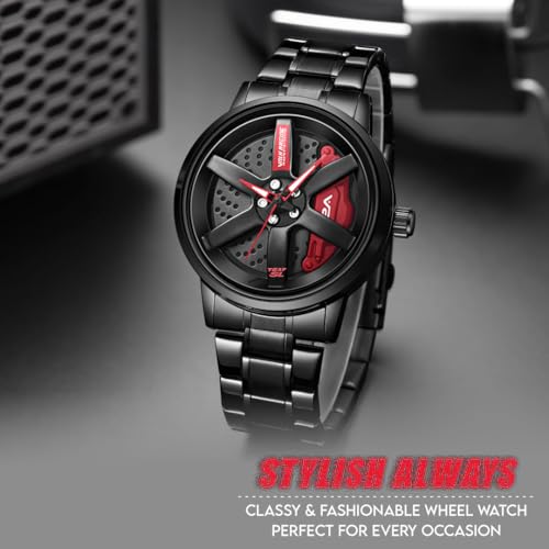 V2A Men's Analog Watch with Spinning Wheel Dial | Open Dial | Stylish Stainless Steel Band | Water & Scratch Resistant – Model 2410 (Black-Red) - Image 4