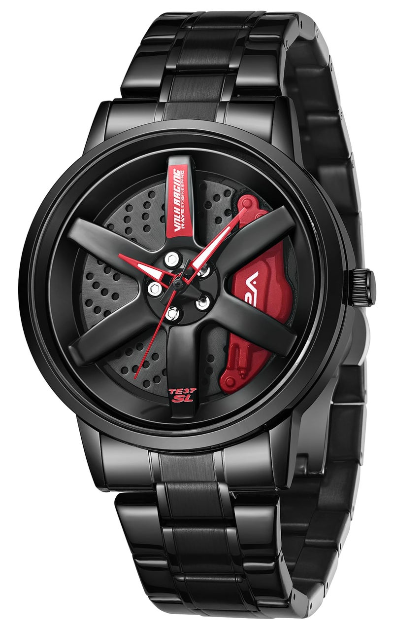 V2A Men's Analog Watch with Spinning Wheel Dial | Open Dial | Stylish Stainless Steel Band | Water & Scratch Resistant – Model 2410 (Black-Red) - Image 1