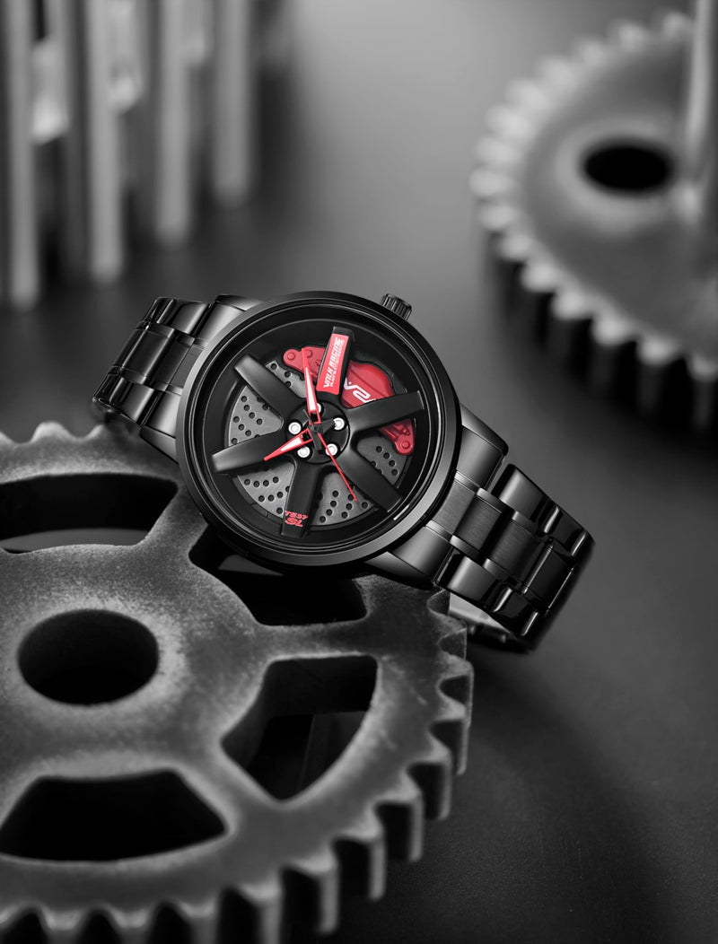 V2A Men's Analog Watch with Spinning Wheel Dial | Open Dial | Stylish Stainless Steel Band | Water & Scratch Resistant – Model 2410 (Black-Red) - Image 2