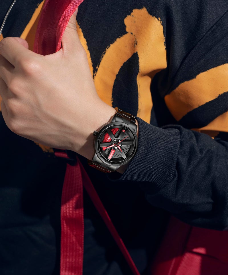 V2A Men's Analog Watch with Spinning Wheel Dial | Open Dial | Stylish Stainless Steel Band | Water & Scratch Resistant – Model 2410 (Black-Red) - Image 3