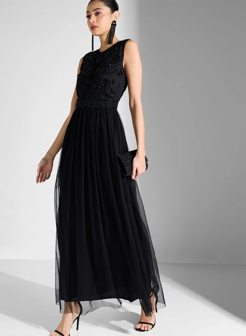 Lace and Beads Embellished Mesh Plisse Dress