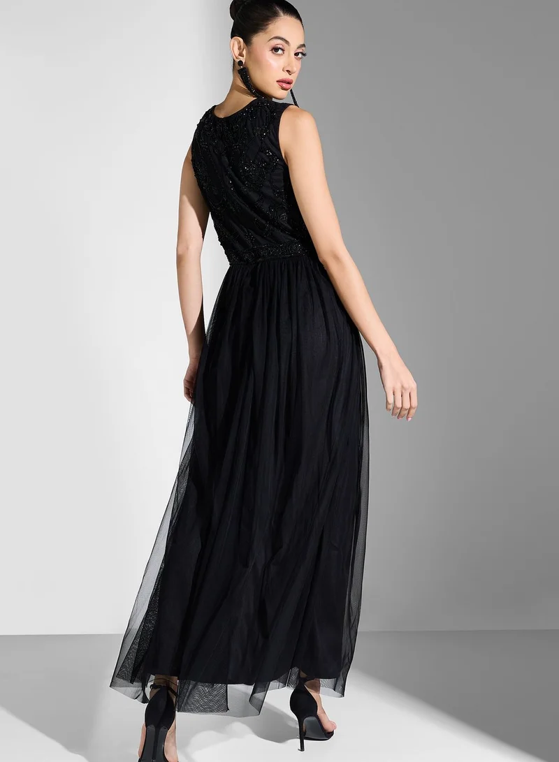 Lace and Beads Embellished Mesh Plisse Dress