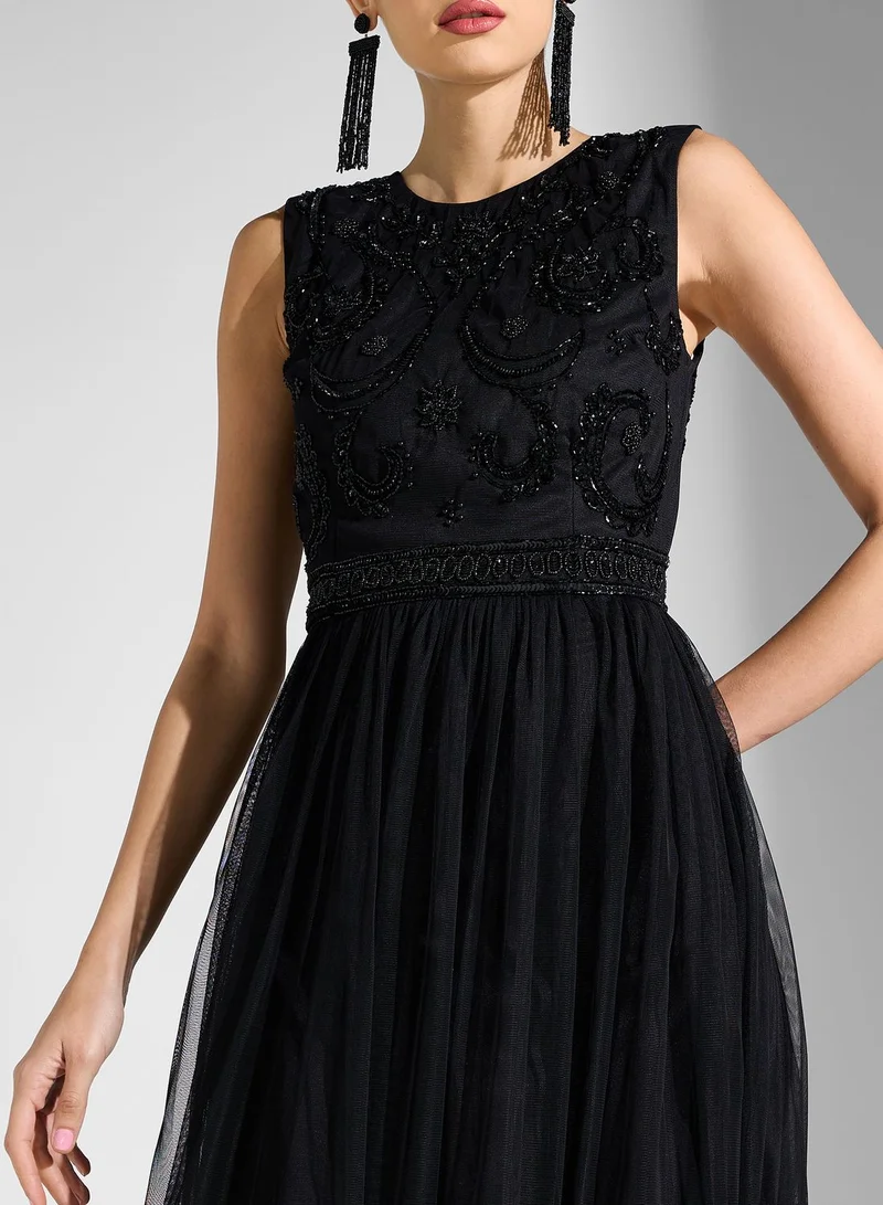 Lace and Beads Embellished Mesh Plisse Dress