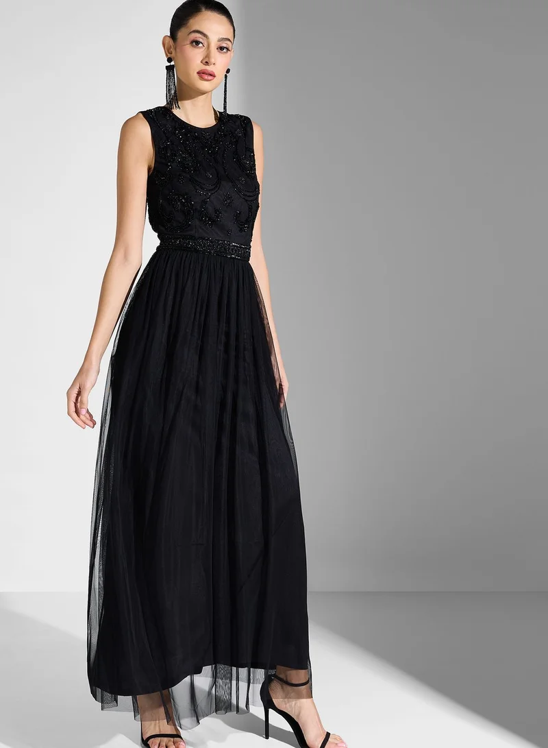 Lace and Beads Embellished Mesh Plisse Dress