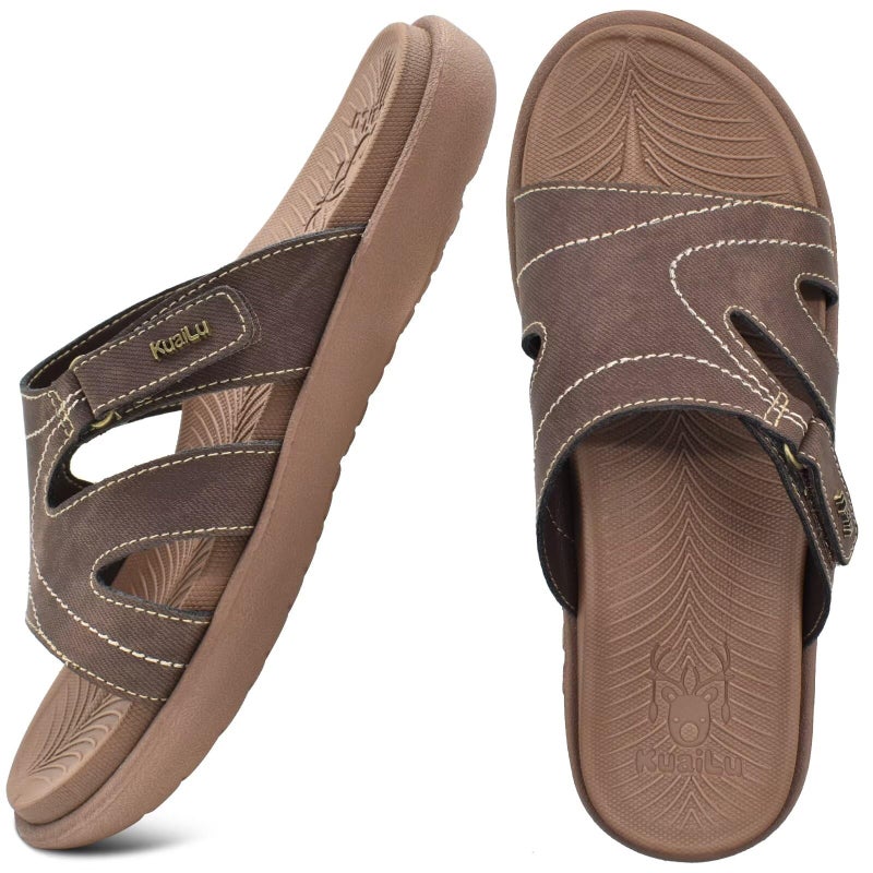 KuaiLu Womens Fashion Orthotic Slides Ladies Lightweight Athletic Yoga Mat Walking Sandals Slip On Thick Cushion Recovery Slippers Sandles Comfortable Plantar Fasciitis Arch Support Brown Tan Size 5 - Image 3