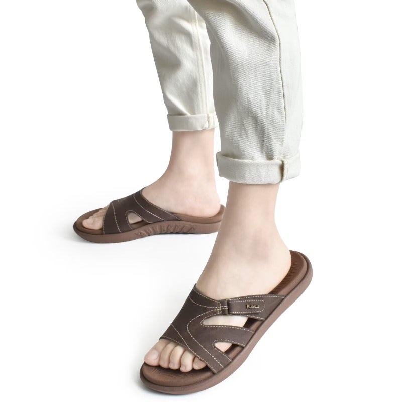 KuaiLu Womens Fashion Orthotic Slides Ladies Lightweight Athletic Yoga Mat Walking Sandals Slip On Thick Cushion Recovery Slippers Sandles Comfortable Plantar Fasciitis Arch Support Brown Tan Size 5 - Image 2