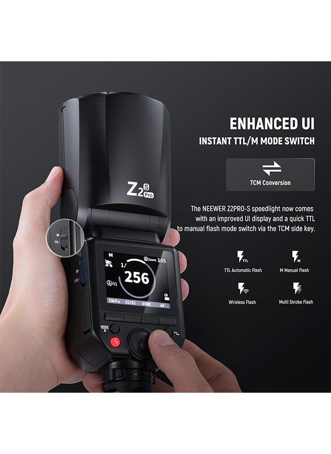 نيوير فلاش NEEWER Z2PRO-S 2.4G TTL برأس مستدير، متوافق مع سوني، لاسلكي متوافق مع Godox، 76 واط/ثانية 1/8000 ثانية HSS، واجهة مستخدم مُحسّنة، مفتاح TTL/M TCM، بطارية 7.2 فولت/3000 مللي أمبير/ساعة، فلاش كامل الطاقة 600  - Image 4