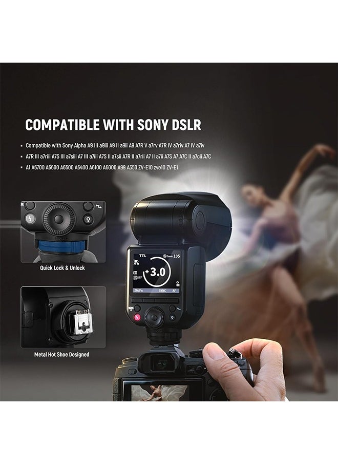 فلاش NEEWER Z2PRO-S 2.4G TTL برأس مستدير، متوافق مع سوني، لاسلكي متوافق مع Godox، 76 واط/ثانية 1/8000 ثانية HSS، واجهة مستخدم مُحسّنة، مفتاح TTL/M TCM، بطارية 7.2 فولت/3000 مللي أمبير/ساعة، فلاش كامل الطاقة 600