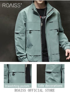 roaiss New Men Casual Jacket Outdoor Autumn Windbreaker Cargo Jackets Mens Loose Solid Outwear Coat Stand Collar Multi-pocket  - Image 5