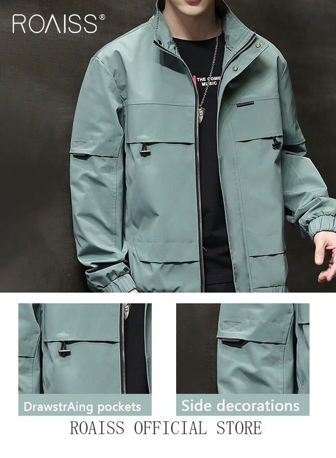 roaiss New Men Casual Jacket Outdoor Autumn Windbreaker Cargo Jackets Mens Loose Solid Outwear Coat Stand Collar Multi-pocket  - Image 5