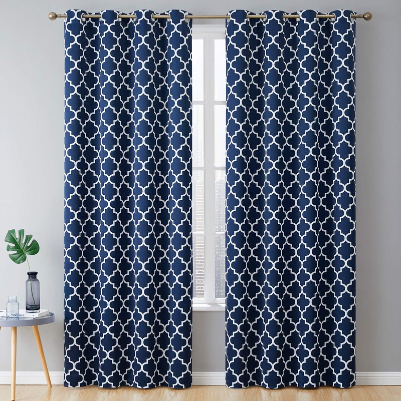 HLC.ME HLCME Lattice Print Design Bedroom Blackout Curtains  Thermal Heat Absorbing  Sunblock  Light Blocking Energy Smart Window Drapery Curtain Grommet Panels Set of 2 52 W x 84 L  Navy Blue 
