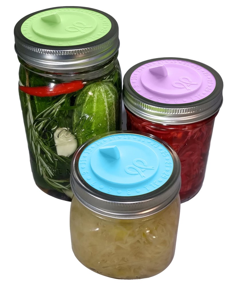 PremiumPresents 7pack Maintenance free airlock waterless fermentation lids for wide mouth mason jars. Make Sauerkraut, Kimchi, Pickles, any fermented vegetable probiotic foods. BPA free, mold free, dishwasher safe. - Image 3