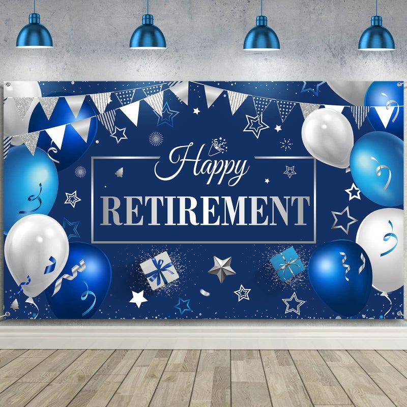 Blulu Retirement Party Decorations Extra Large Fabric Retire Sign Banner Photo Booth Backdrop Background with Rope for Retirement Party Favor728 x 433 InchesBlue and Silver