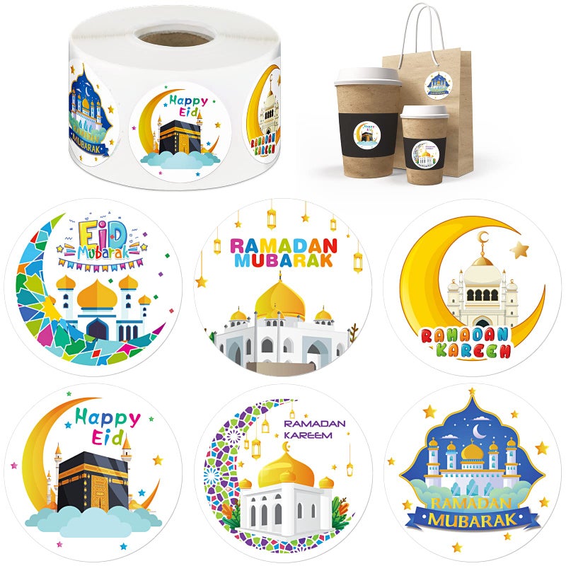 Nezyo 600 Pieces Ramadan Mubarak Stickers Eid Islamic Kareem Wall Window Stickers Ramadan Envelopes Gift Bags Labels for Eid Party Decorations(Cartoon Style) - Image 1