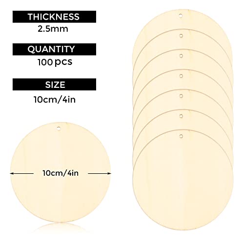 FSWCCK 100 PCS 4 Inch Wood Circles for Crafts – Round Blank Discs with Holes, Unfinished Wooden Cutouts for DIY, Painting, Staining, Coasters,Laser Engraving Sign Blanks, Ornament (4inch-100 Pack) - Image 2