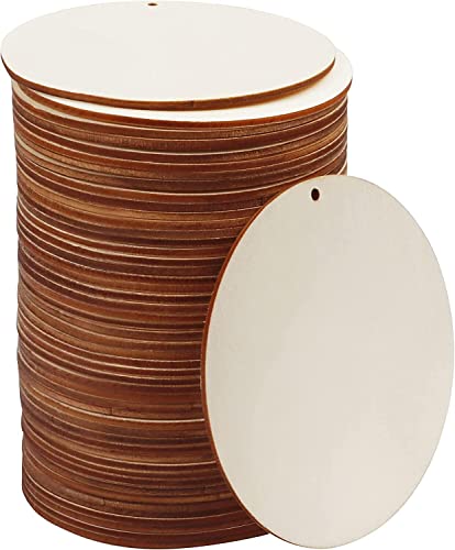 FSWCCK 100 PCS 4 Inch Wood Circles for Crafts – Round Blank Discs with Holes, Unfinished Wooden Cutouts for DIY, Painting, Staining, Coasters,Laser Engraving Sign Blanks, Ornament (4inch-100 Pack) - Image 1