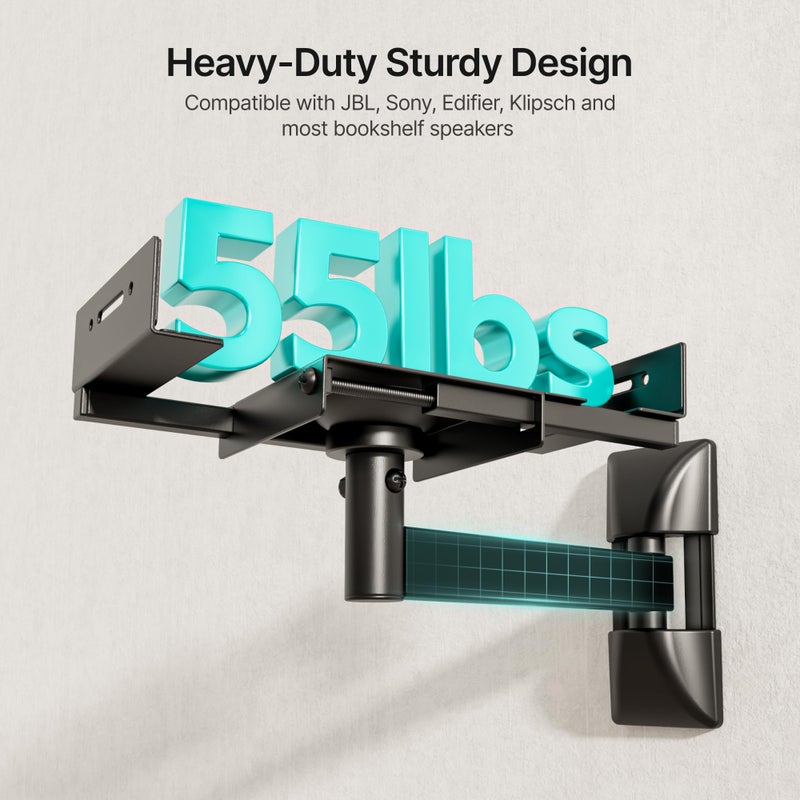 PEGZONE Adjustable Speaker Wall Mounts, 55 lbs Capacity, Dual Speaker Wall Stands for Most Bookshelf Speakers, Fits Speakers with Widths Ranging from 5.1â€ to 11.2â€,Black, 1 Pair - Image 2