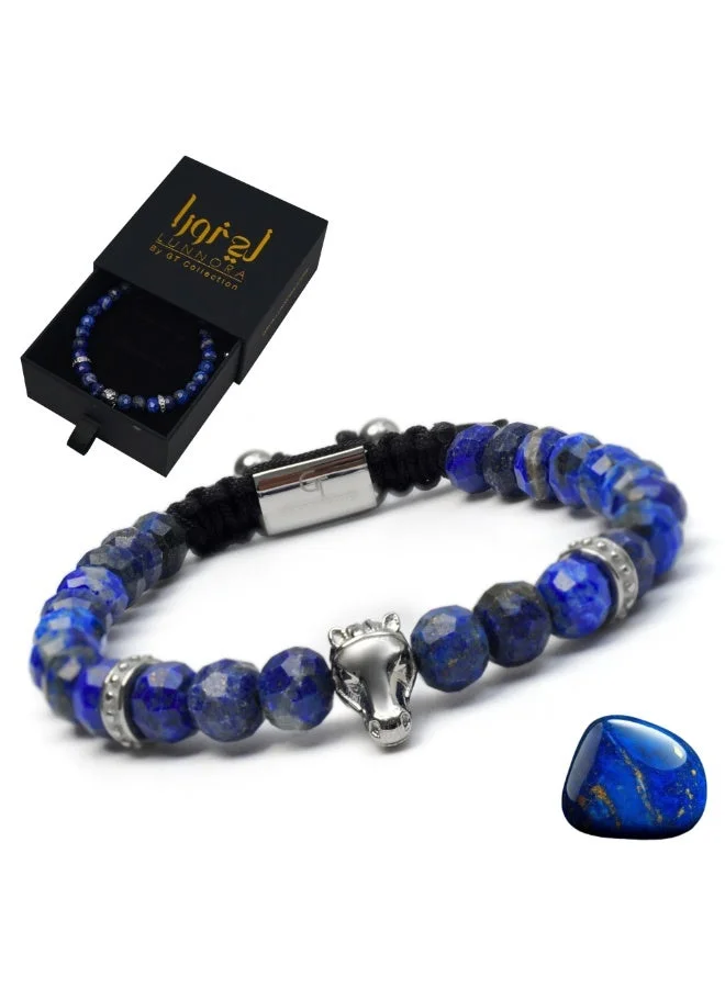 لونورا سوار خرز من اللازورد الطبيعي مصنوع يدويًا مع حصان عربي فضي – سوار للرجال، سوار رجالي، هدية للرجال، أساور للرجال – طبيعي 100% وقابل للتعديل بمقاس واحد للجميع