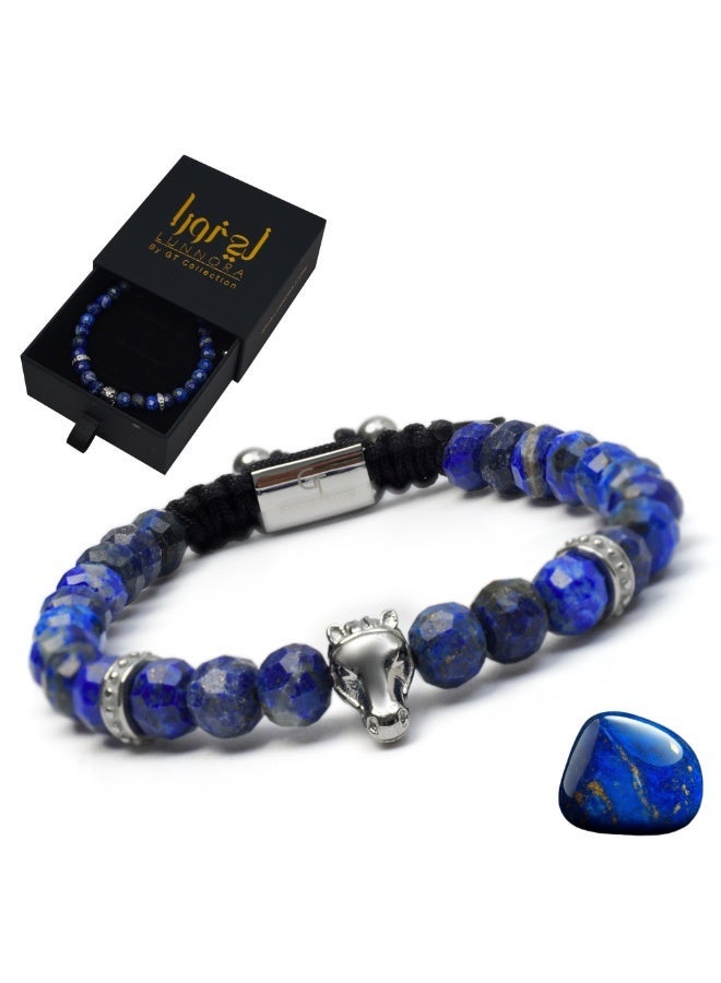 Lunnora Lapis Lazuli Handmade Natural Stone Bead Bracelet with Silver Arabian Horse – Bracelet for Men, Men’s Bracelet, Gifts for Men, Bracelets for Men – 100% Natural, Adjustable One Size Fits All - Image 1