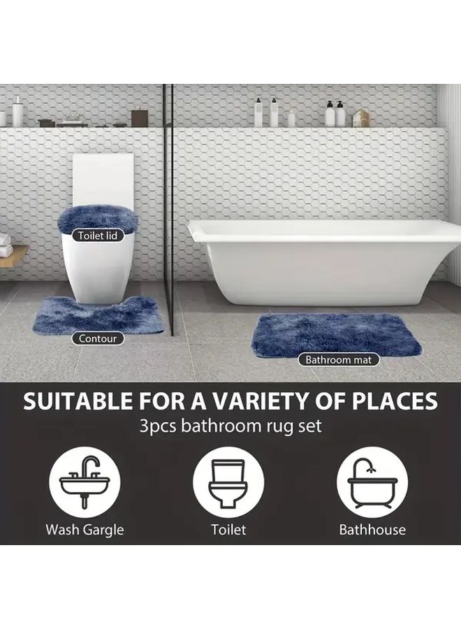 3pcs Blue Tie Dye Bathroom Rug Set Plush Long Haired Soft Bath Mat Contour Rug Bathtub Shower Toilet Lid Cover Christmas Decor - Image 3