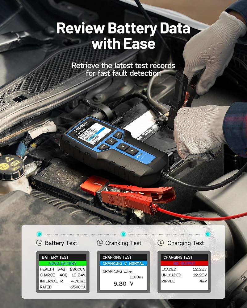 TOPDON Car Battery Tester BT200, 12V/24V Battery Tester 100-2000CCA, with Battery Cranking Charging Tests, for Cars Motorcycles Boats SUVs Trucks, for Both Professionals and DIYers - Image 5