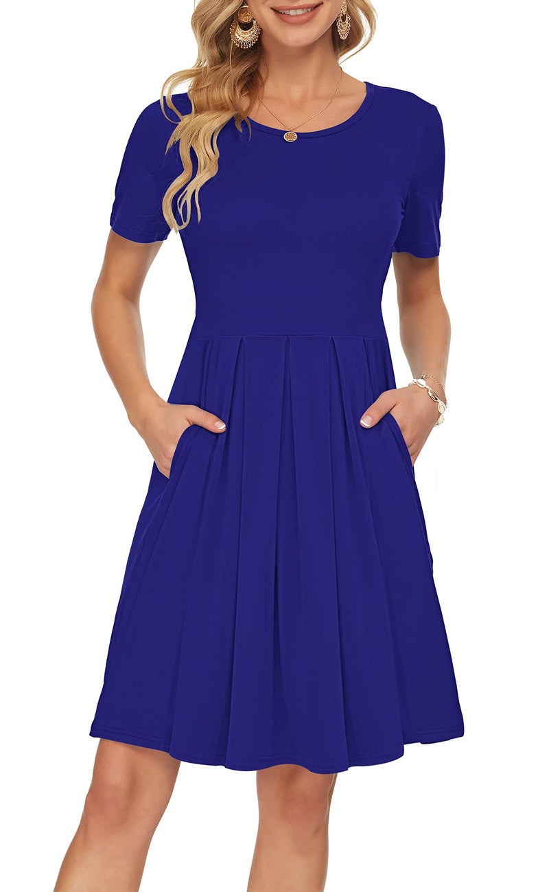 AUSELILY Womens Short Sleeve Summer Dress Pleated Loose Swing Knee Length Dresses with Pockets 2025 New Royal Blue XL