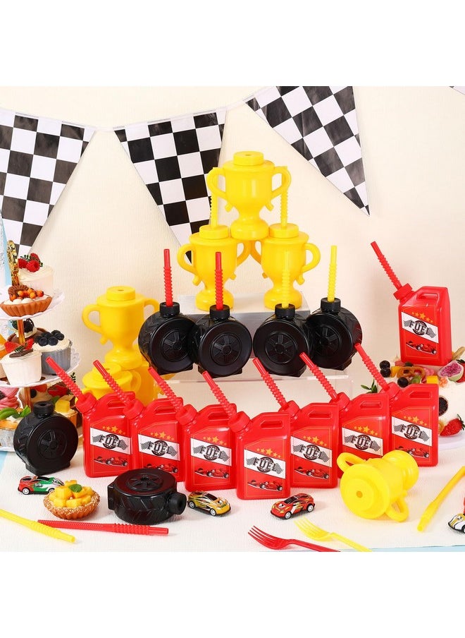Mifoci Mifoci 24 Pcs Race Car Cups with Straws Plastic Traffic Tire Shaped Cup Red Race Car Fuel Cups Yellow Trophy Cups Race Car Party Supplies for Racing Car Construction Birthday Party Decoration  - Image 4
